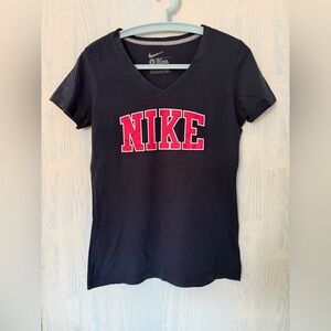 Nike Black V-Neck Tee with Red Logo Size S